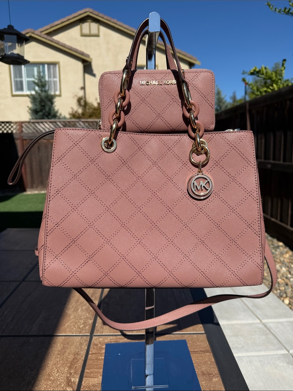 Michael Kors Quilted Mauve Satchel with Chain-Detail Handles & Matching Wallet
